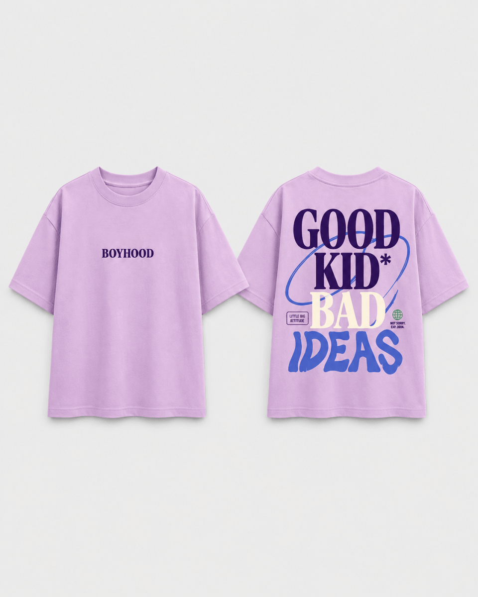 Boys oversized graphic t-shirt in lavender, Good Kid Bad Ideas print, Bold Cub Korean streetwear - flat lay