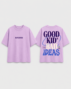 Boys oversized graphic t-shirt in lavender, Good Kid Bad Ideas print, Bold Cub Korean streetwear - flat lay