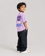 Boys oversized graphic t-shirt in lavender, Good Kid Bad Ideas print, Bold Cub Korean streetwear - detail shot