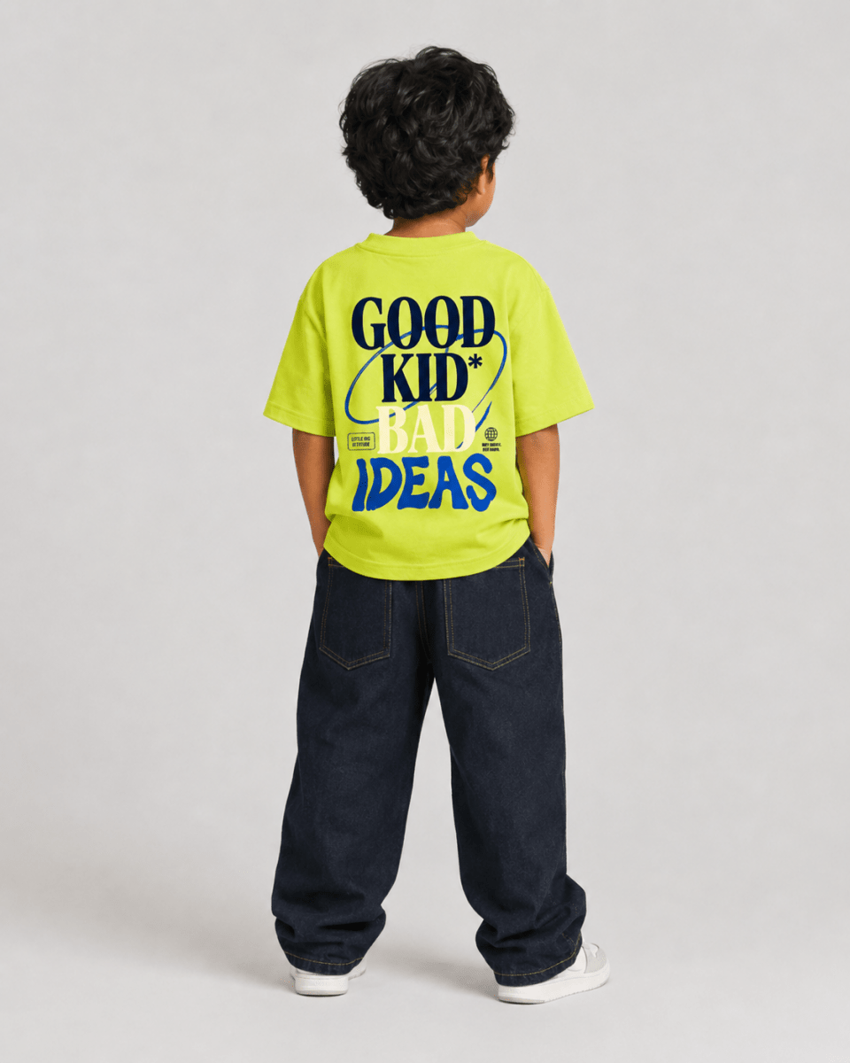 Boys oversized graphic t-shirt in neon lime, Good Kid Bad Ideas print, Bold Cub Korean streetwear - back