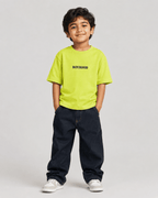 Boys oversized graphic t-shirt in neon lime, Good Kid Bad Ideas print, Bold Cub Korean streetwear - front