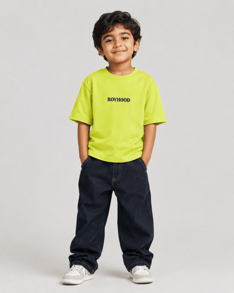Boys oversized graphic t-shirt in neon lime, Good Kid Bad Ideas print, Bold Cub Korean streetwear - front