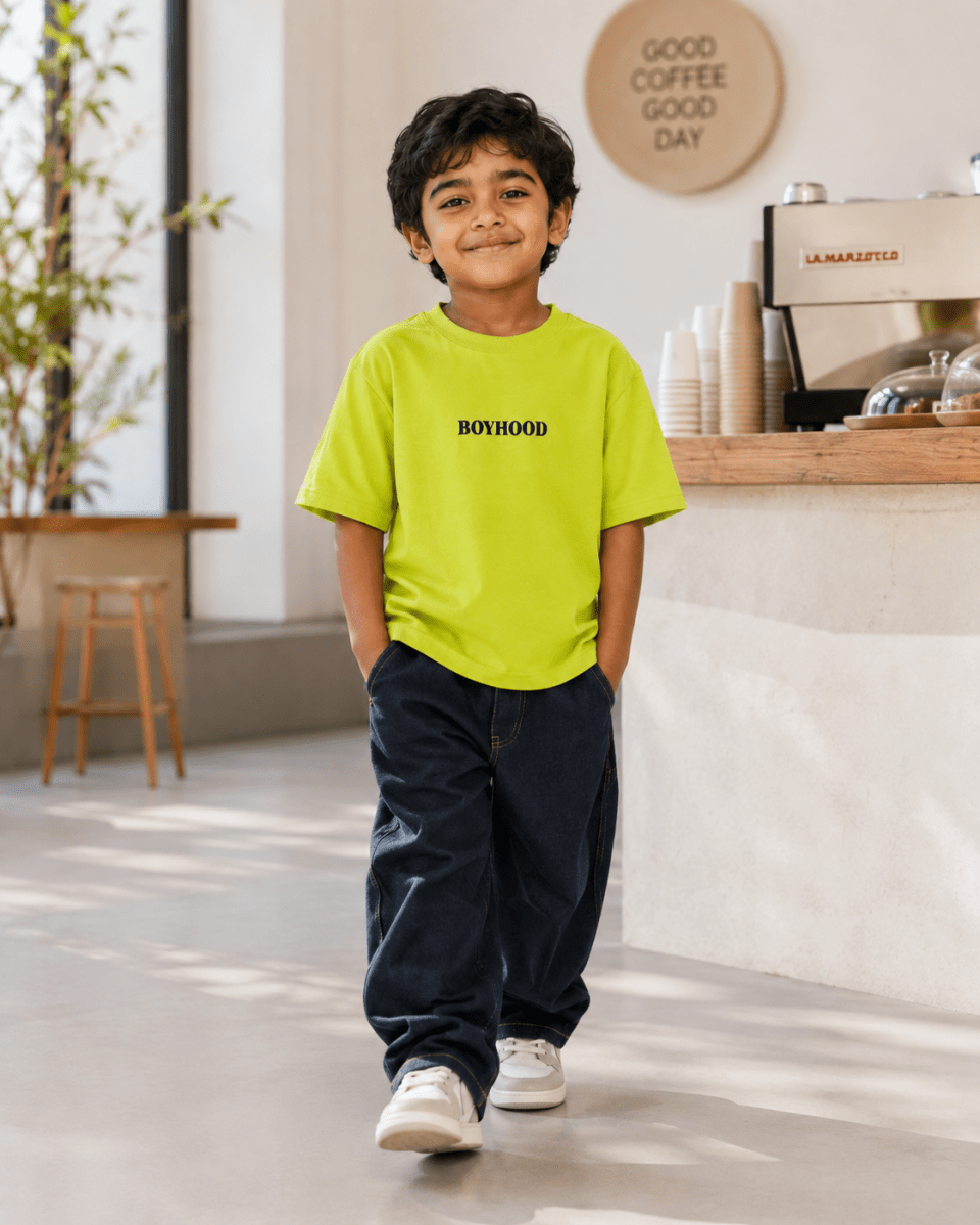 Boys oversized graphic t-shirt in neon lime, Good Kid Bad Ideas print, Bold Cub Korean streetwear - lifestyle shot