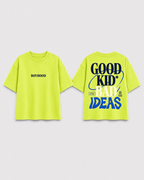 Boys oversized graphic t-shirt in neon lime, Good Kid Bad Ideas print, Bold Cub Korean streetwear - flat lay