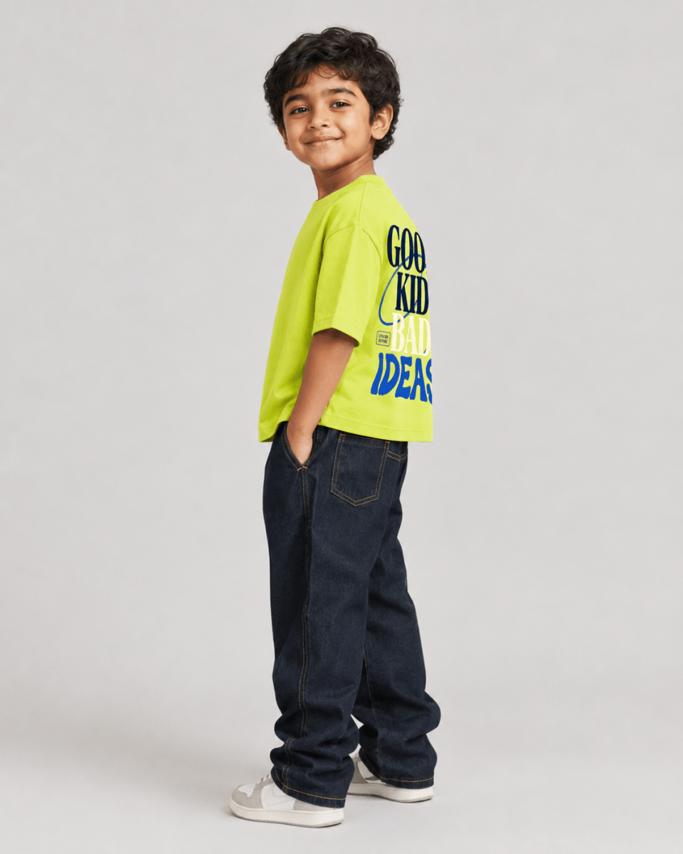 Boys oversized graphic t-shirt in neon lime, Good Kid Bad Ideas print, Bold Cub Korean streetwear - detail shot