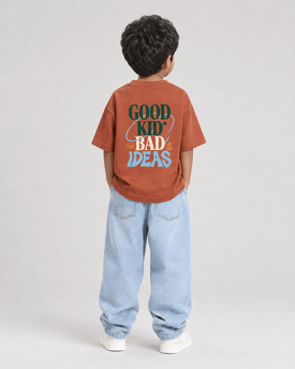 Boys oversized graphic t-shirt in terracotta, Good Kid Bad Ideas print, Bold Cub Korean streetwear - back