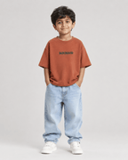 Boys oversized graphic t-shirt in terracotta, Good Kid Bad Ideas print, Bold Cub Korean streetwear - front
