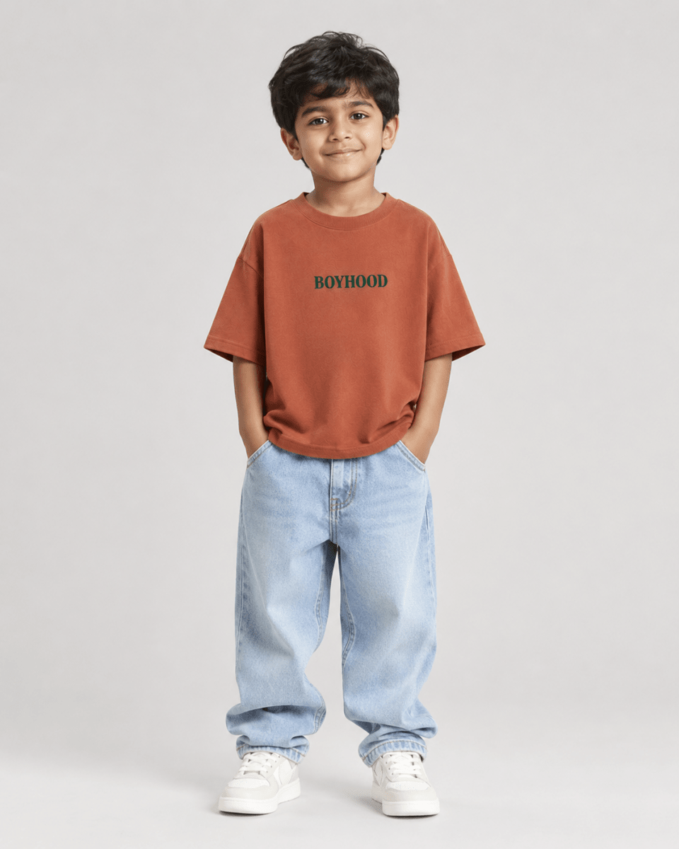 Boys oversized graphic t-shirt in terracotta, Good Kid Bad Ideas print, Bold Cub Korean streetwear - front