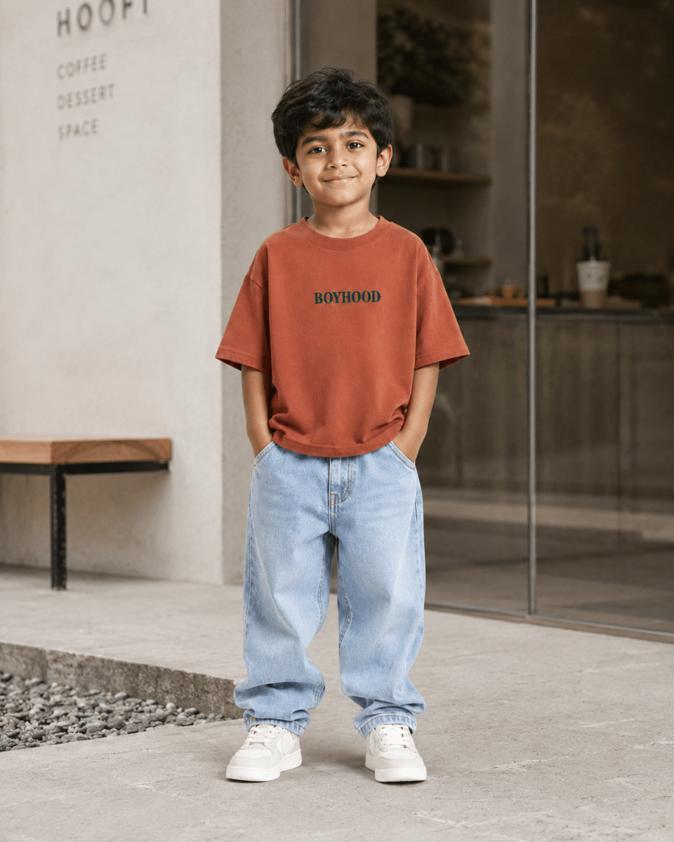 Boys oversized graphic t-shirt in terracotta, Good Kid Bad Ideas print, Bold Cub Korean streetwear - lifestyle shot