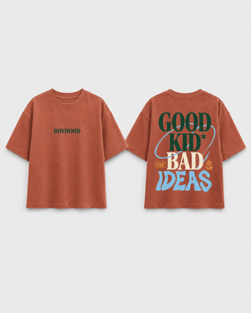 Boys oversized graphic t-shirt in terracotta, Good Kid Bad Ideas print, Bold Cub Korean streetwear - flat lay