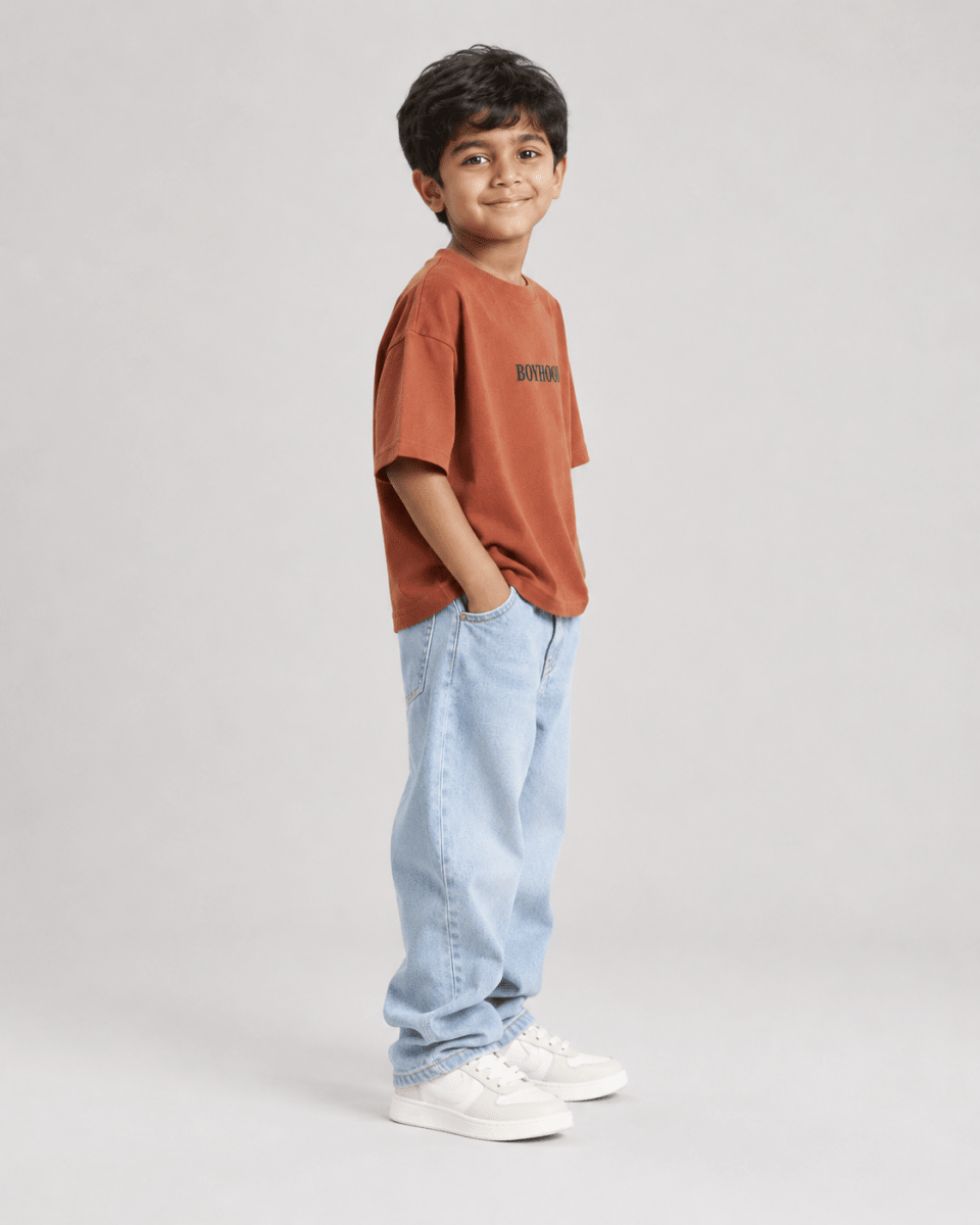 Boys oversized graphic t-shirt in terracotta, Good Kid Bad Ideas print, Bold Cub Korean streetwear - detail shot