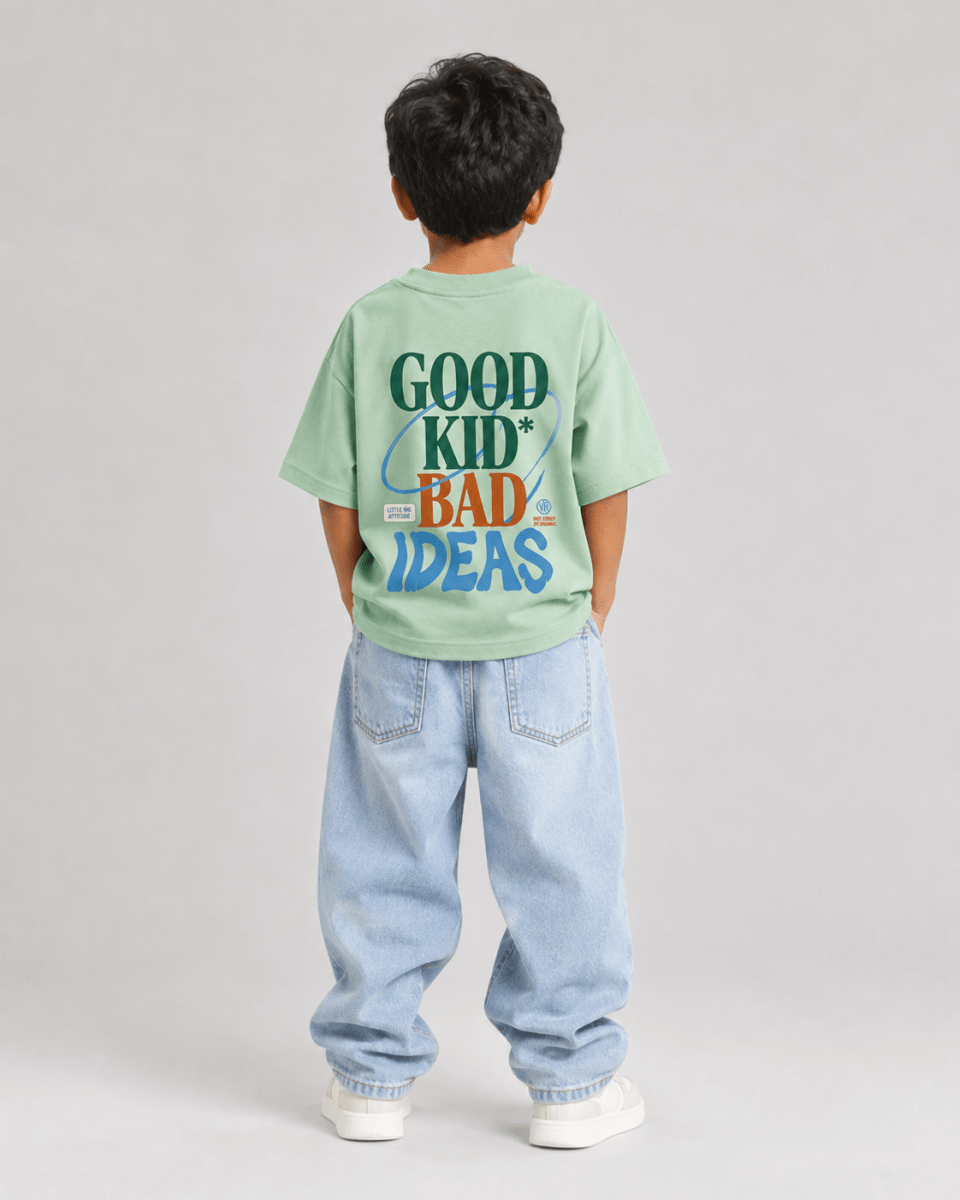 Boys oversized graphic t-shirt in sage green, Good Kid Bad Ideas print, Bold Cub Korean streetwear - back