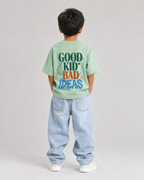 Boys oversized graphic t-shirt in sage green, Good Kid Bad Ideas print, Bold Cub Korean streetwear - back