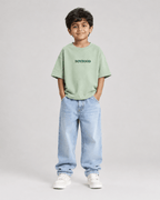 Boys oversized graphic t-shirt in sage green, Good Kid Bad Ideas print, Bold Cub Korean streetwear - front
