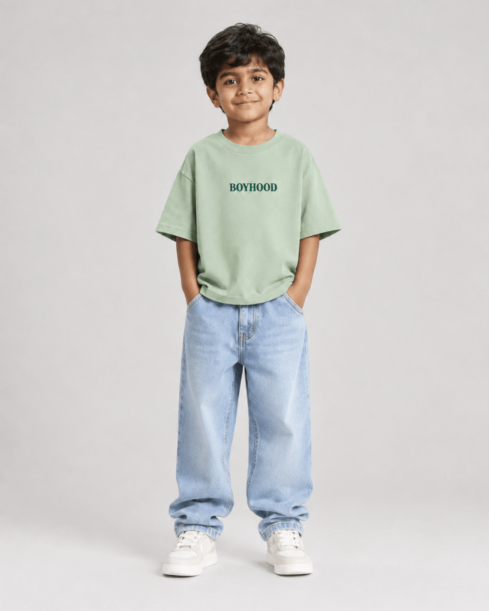 Boys oversized graphic t-shirt in sage green, Good Kid Bad Ideas print, Bold Cub Korean streetwear - front