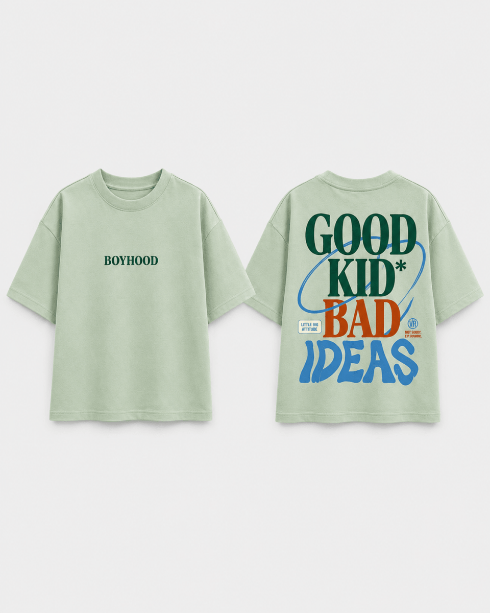 Boys oversized graphic t-shirt in sage green, Good Kid Bad Ideas print, Bold Cub Korean streetwear - flat lay