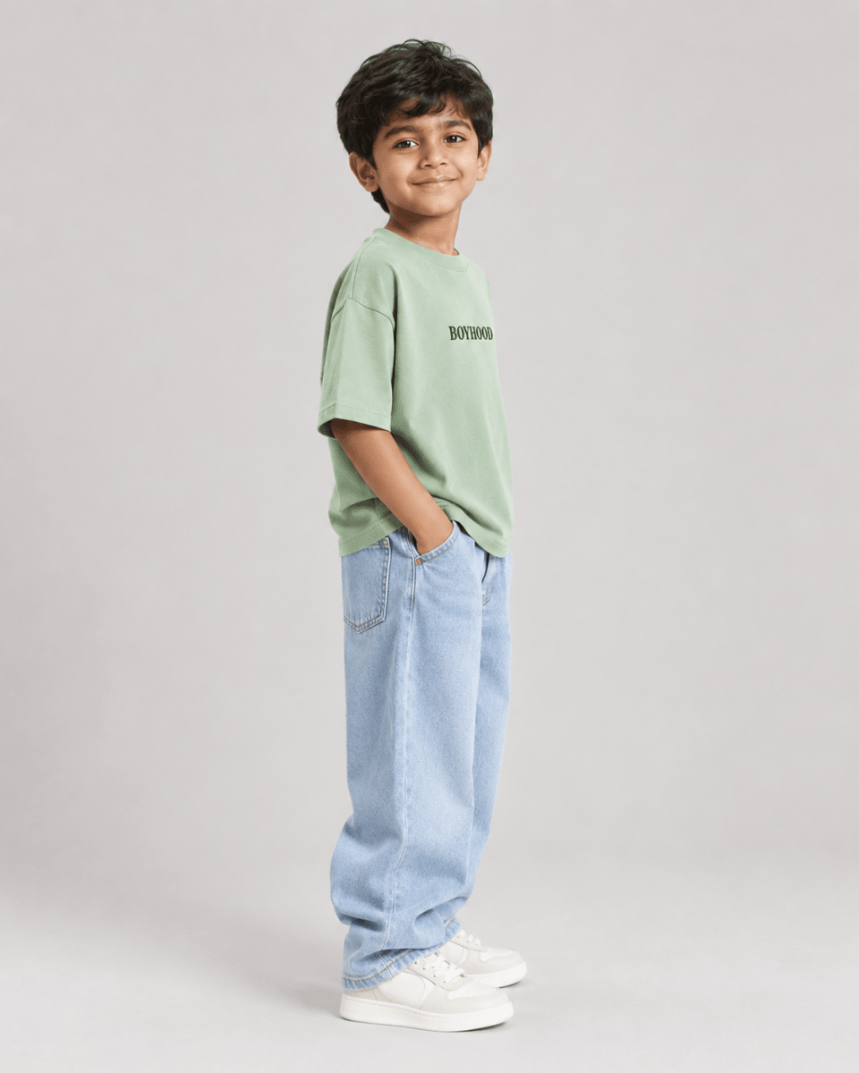 Boys oversized graphic t-shirt in sage green, Good Kid Bad Ideas print, Bold Cub Korean streetwear - detail shot