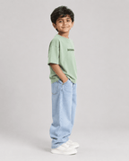 Boys oversized graphic t-shirt in sage green, Good Kid Bad Ideas print, Bold Cub Korean streetwear - detail shot