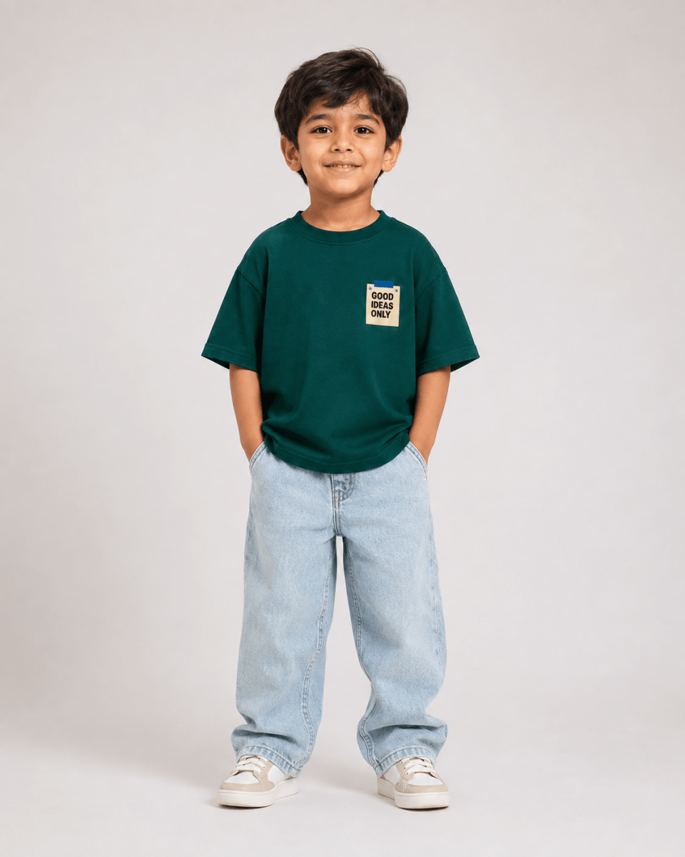Boys oversized graphic t-shirt in emerald green, Good Ideas Only print, Bold Cub Korean streetwear - front
