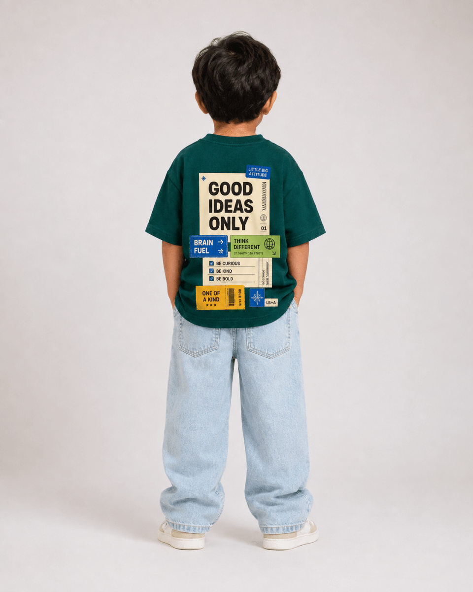 Boys oversized graphic t-shirt in emerald green, Good Ideas Only print, Bold Cub Korean streetwear - back
