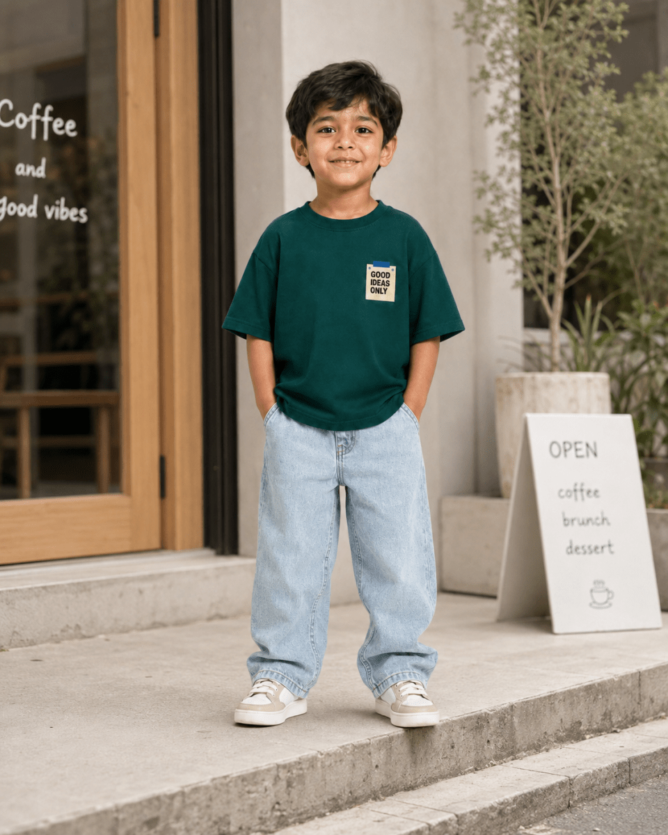 Boys oversized graphic t-shirt in emerald green, Good Ideas Only print, Bold Cub Korean streetwear - lifestyle shot