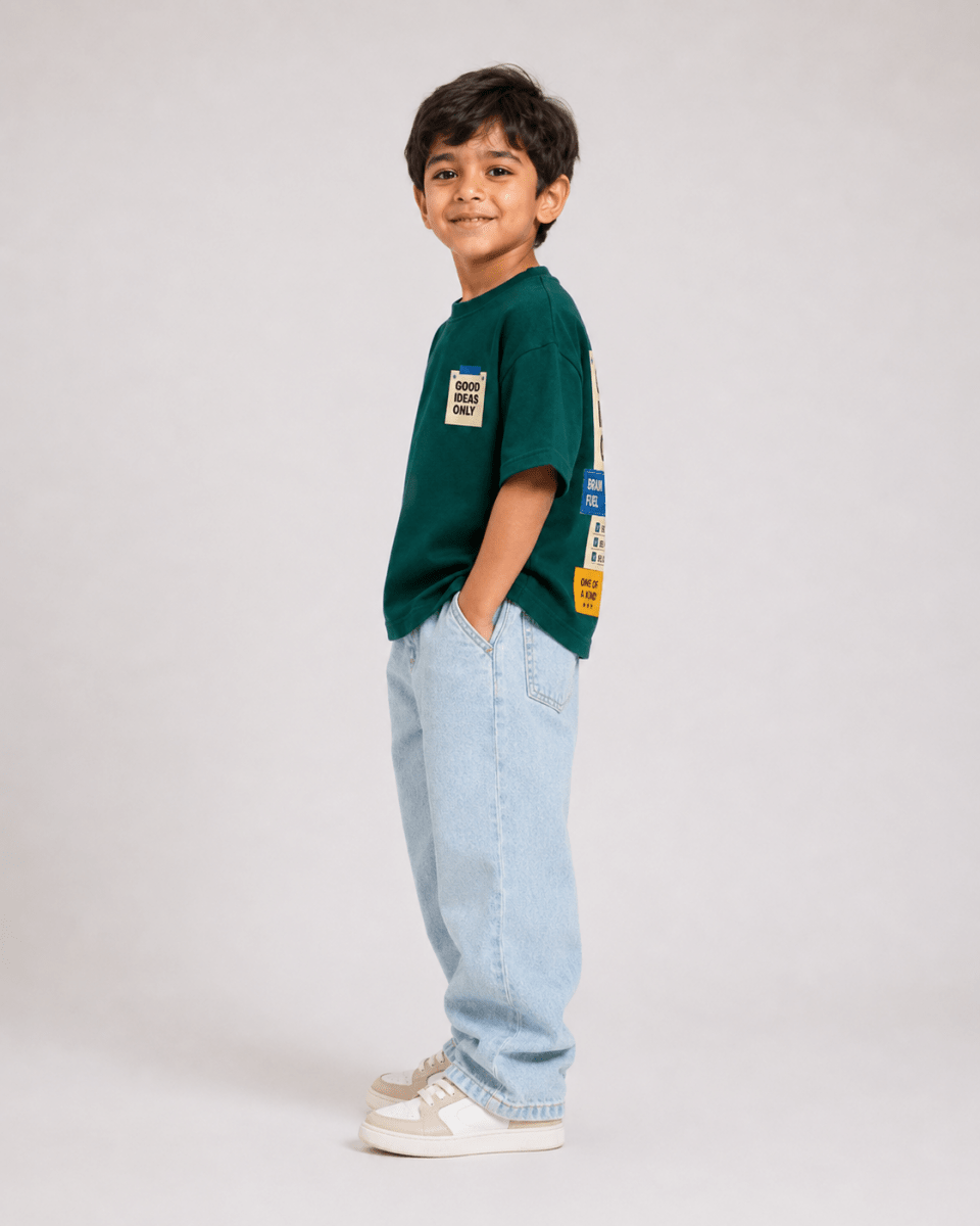 Boys oversized graphic t-shirt in emerald green, Good Ideas Only print, Bold Cub Korean streetwear - detail shot