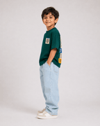 Boys oversized graphic t-shirt in emerald green, Good Ideas Only print, Bold Cub Korean streetwear - detail shot