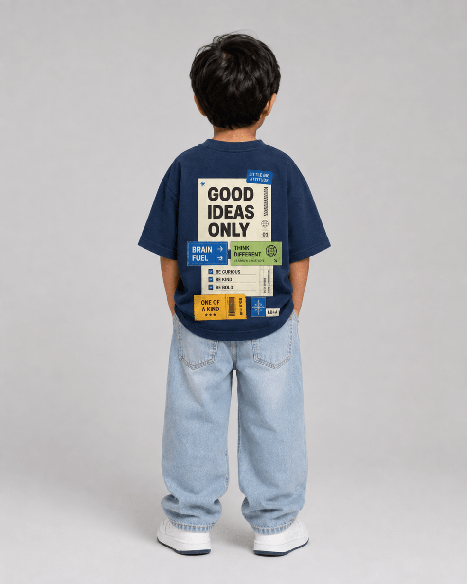 Boys oversized graphic t-shirt in navy blue, Good Ideas Only print, Bold Cub Korean streetwear - back