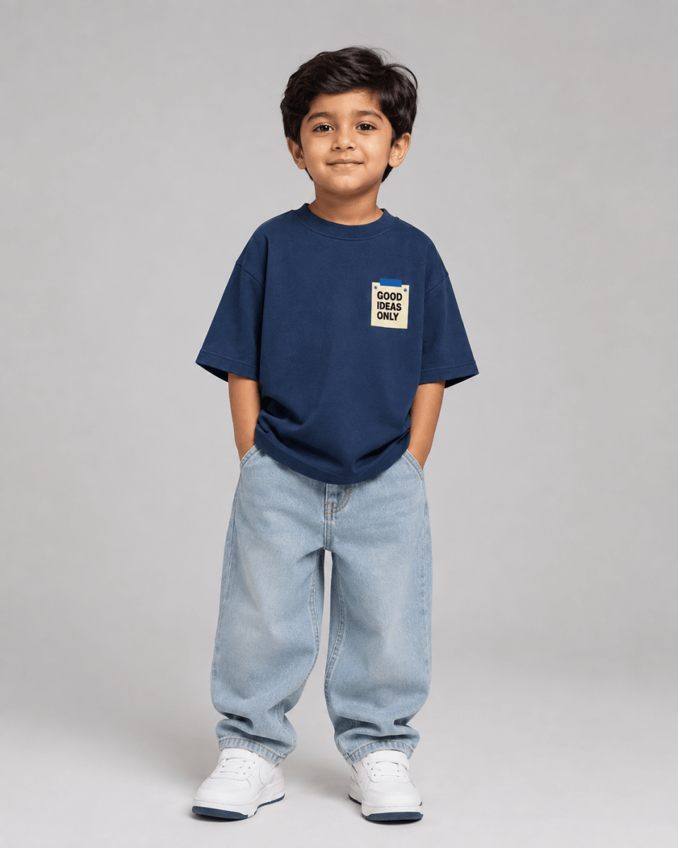 Boys oversized graphic t-shirt in navy blue, Good Ideas Only print, Bold Cub Korean streetwear - front