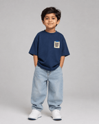 Boys oversized graphic t-shirt in navy blue, Good Ideas Only print, Bold Cub Korean streetwear - front