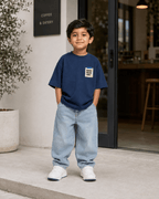 Boys oversized graphic t-shirt in navy blue, Good Ideas Only print, Bold Cub Korean streetwear - detail shot