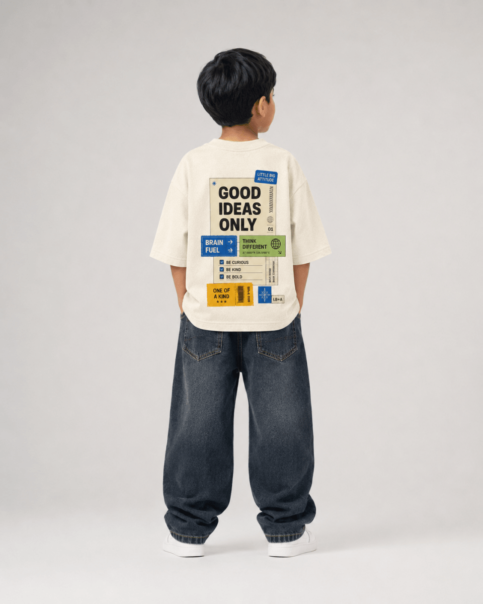 Boys oversized graphic t-shirt in off-white, Good Ideas Only print, Bold Cub Korean streetwear - back