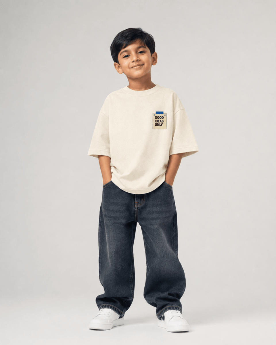 Boys oversized graphic t-shirt in off-white, Good Ideas Only print, Bold Cub Korean streetwear - front