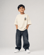 Boys oversized graphic t-shirt in off-white, Good Ideas Only print, Bold Cub Korean streetwear - front