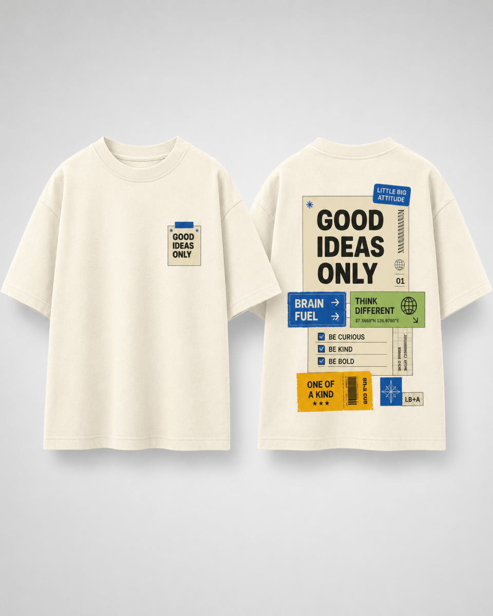 Boys oversized graphic t-shirt in off-white, Good Ideas Only print, Bold Cub Korean streetwear - flat lay