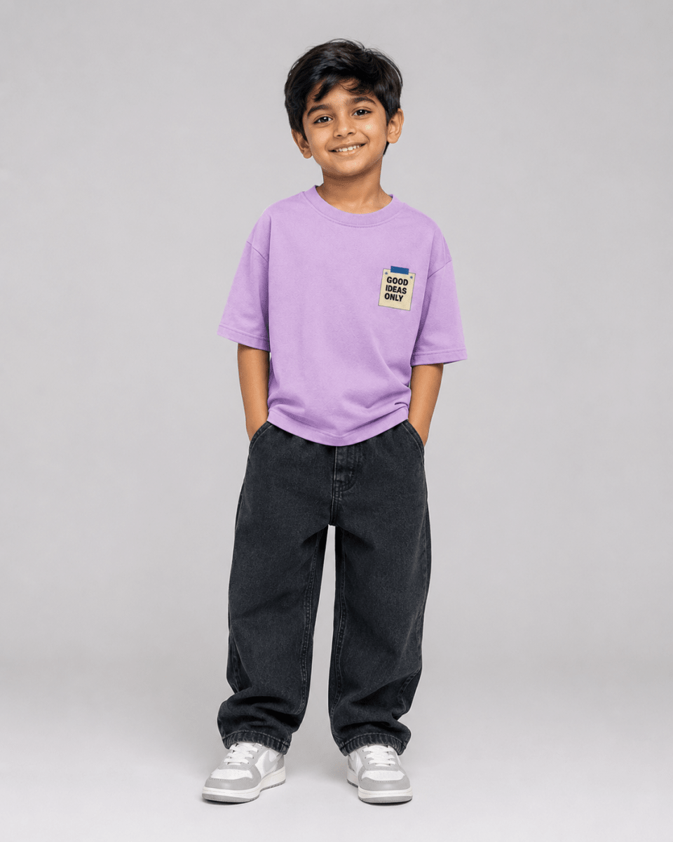 Boys oversized graphic t-shirt in lavender, Good Ideas Only print, Bold Cub Korean streetwear - front