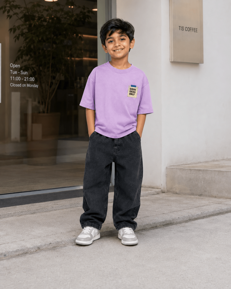 Boys oversized graphic t-shirt in lavender, Good Ideas Only print, Bold Cub Korean streetwear - lifestyle shot