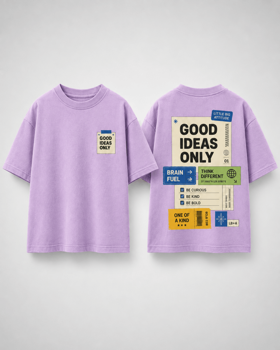 Boys oversized graphic t-shirt in lavender, Good Ideas Only print, Bold Cub Korean streetwear - flat lay