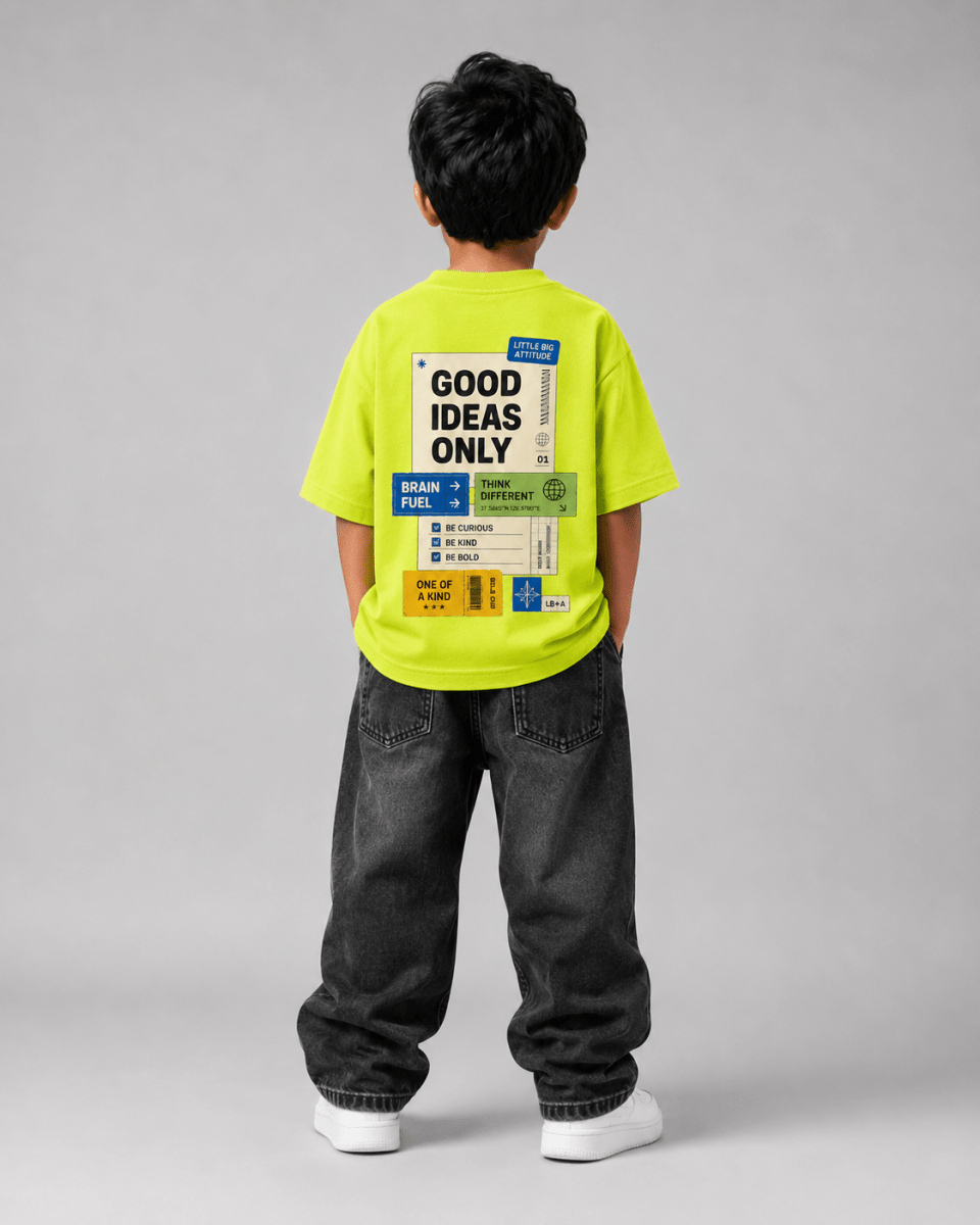Boys oversized graphic t-shirt in neon lime, Good Ideas Only print, Bold Cub Korean streetwear - back