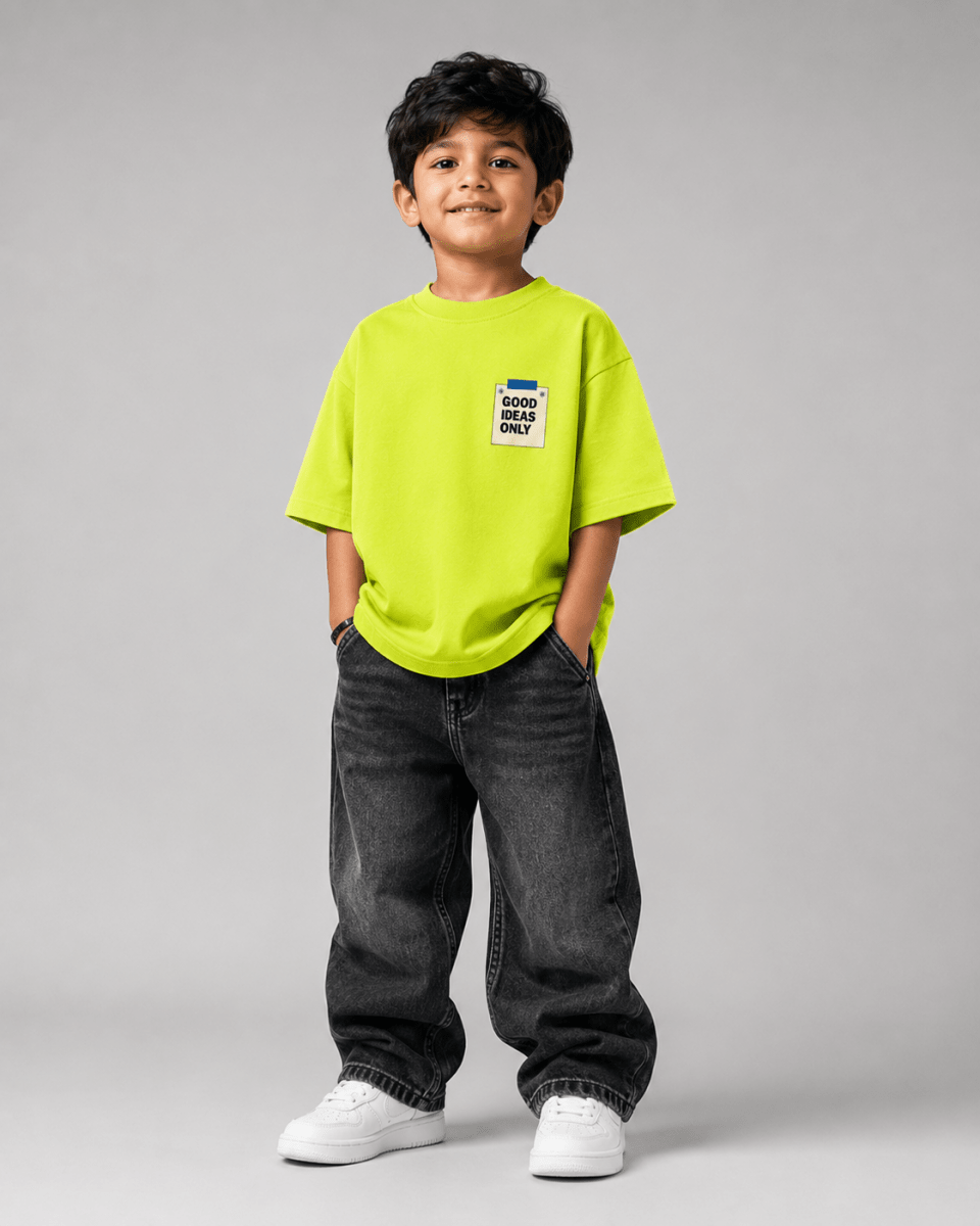 Boys oversized graphic t-shirt in neon lime, Good Ideas Only print, Bold Cub Korean streetwear - front