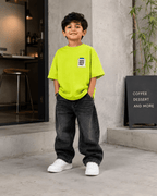 Boys oversized graphic t-shirt in neon lime, Good Ideas Only print, Bold Cub Korean streetwear - lifestyle shot