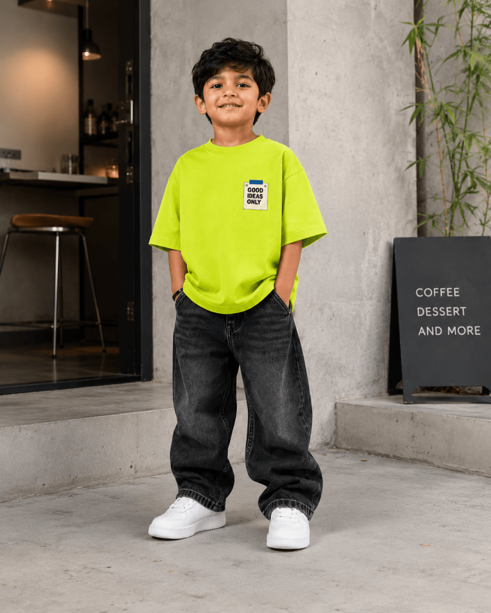 Boys oversized graphic t-shirt in neon lime, Good Ideas Only print, Bold Cub Korean streetwear - lifestyle shot