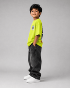 Boys oversized graphic t-shirt in neon lime, Good Ideas Only print, Bold Cub Korean streetwear - detail shot