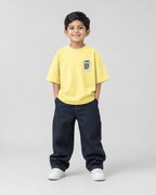 Boys oversized graphic t-shirt in pastel yellow, Good Ideas Only print, Bold Cub Korean streetwear - front