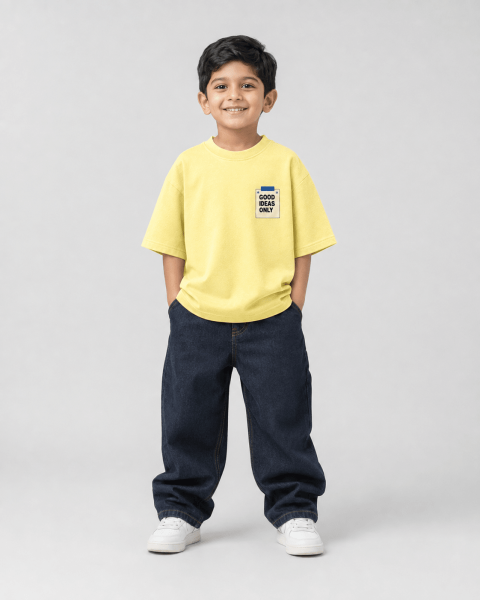Boys oversized graphic t-shirt in pastel yellow, Good Ideas Only print, Bold Cub Korean streetwear - front