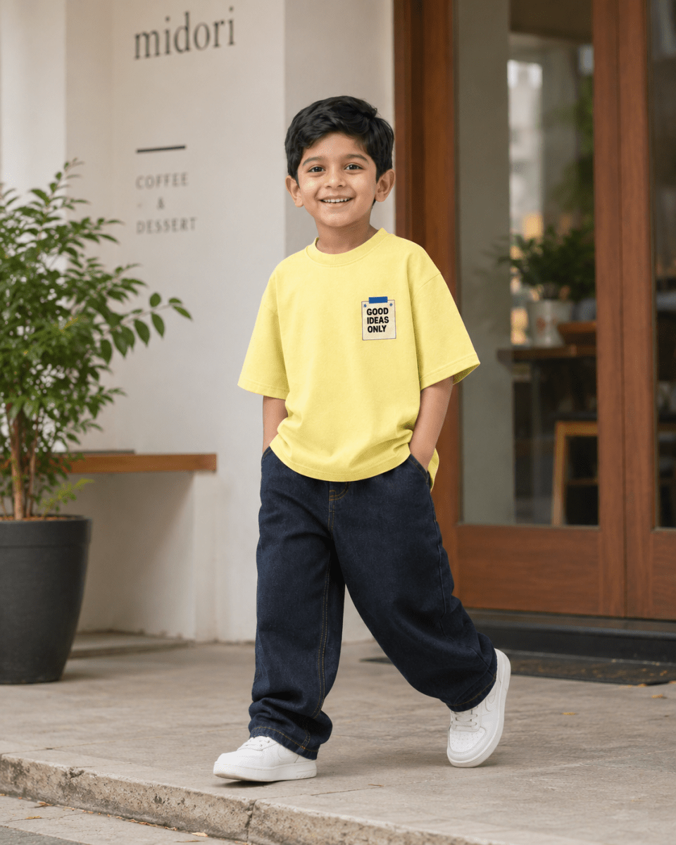 Boys oversized graphic t-shirt in pastel yellow, Good Ideas Only print, Bold Cub Korean streetwear - lifestyle shot