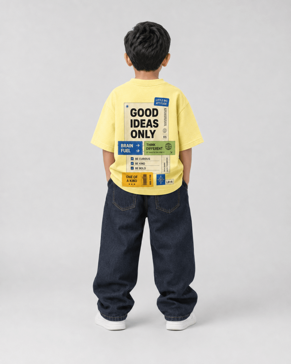 Boys oversized graphic t-shirt in pastel yellow, Good Ideas Only print, Bold Cub Korean streetwear - back