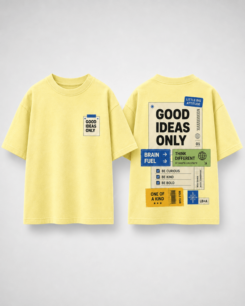 Boys oversized graphic t-shirt in pastel yellow, Good Ideas Only print, Bold Cub Korean streetwear - flat lay