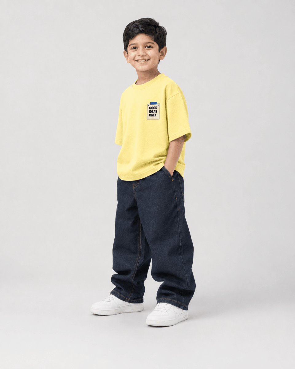 Boys oversized graphic t-shirt in pastel yellow, Good Ideas Only print, Bold Cub Korean streetwear - detail shot
