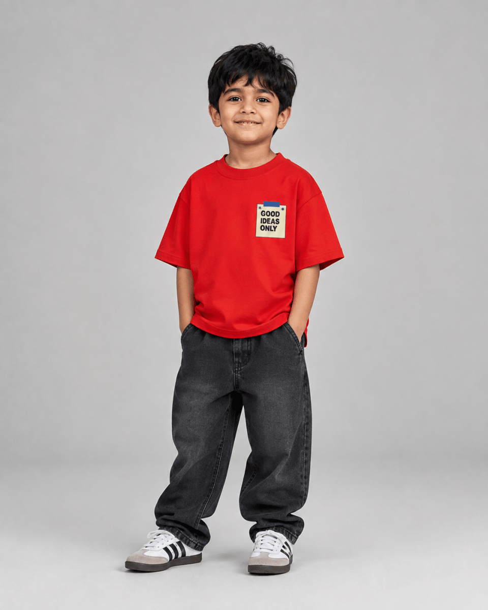 Boys oversized graphic t-shirt in red, Good Ideas Only print, Bold Cub Korean streetwear - front